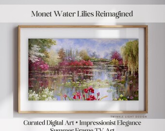 Puede incluir: Una impresión de arte digital enmarcada titulada "Monet Water Lilies Reimagined". La obra de arte representa una serena escena acuática con nenúfares, flores coloridas y un puente. El marco es de color marrón claro. El texto en la parte inferior dice "Curated Digital Art • Impressionist Elegance Summer Frame TV Art."