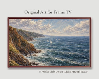 Samsung Frame TV Art, Vintage Coastal Painting, Impressionist Nautical Seascape TV Art, Sailboats on the Ocean, 16:9 Smart TV Beach Art