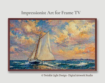 Samsung Frame TV Art, Vintage Sailing Seascape, Golden Hour Impressionist Nautical Painting, Warm Coastal Textured Art for Digital Download