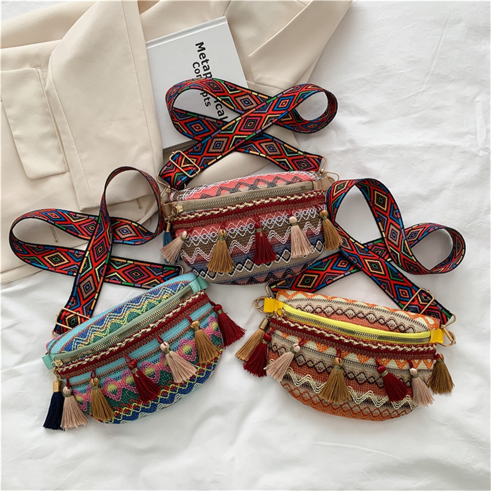 Women Waist Pack Straw Woven Chest Bag Crossbody Handbag Rattan