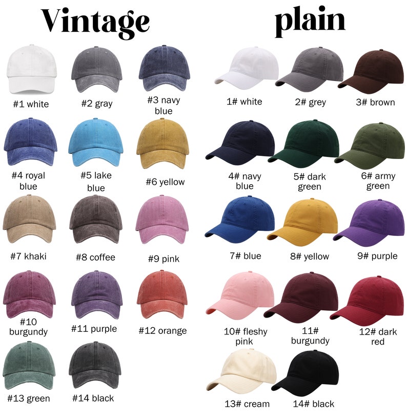 Puede incluir: Un gr&aacute;fico con 14 gorras de b&eacute;isbol de diferentes colores, cada una con un n&uacute;mero y un nombre para el color. Las gorras est&aacute;n dispuestas en dos filas de siete. La fila superior est&aacute; etiquetada como "Vintage" y la fila inferior como "Plain".