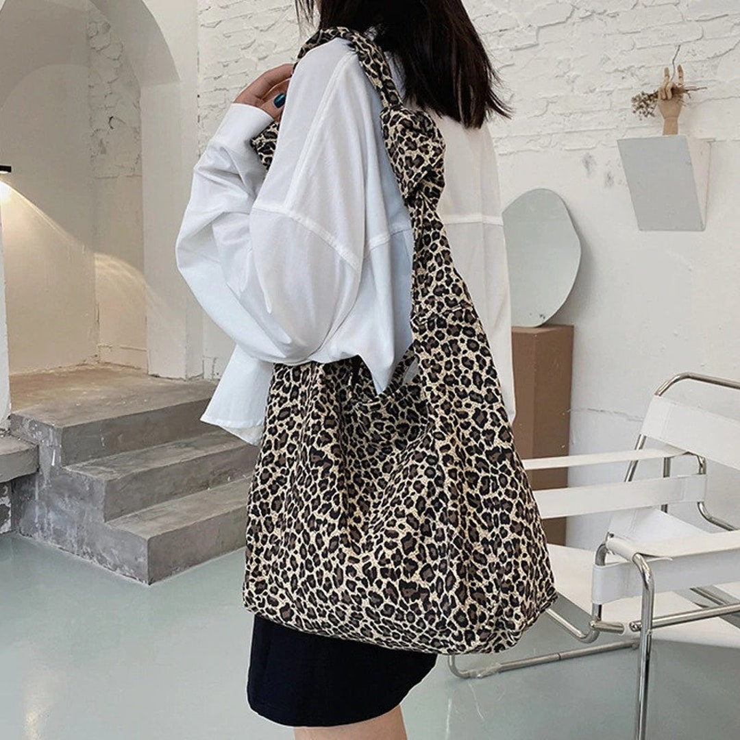 Women Corduroy Shoulder Bags Canvas Lining Leopard Design Eco