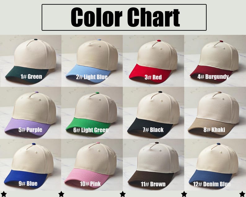 May include: Colour chart displaying 12 different colours of baseball caps. The caps are all white with a coloured brim. The colours are: green, light blue, red, burgundy, purple, light green, black, khaki, blue, pink, brown, and denim blue.
