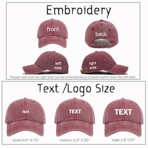 Puede incluir: Una gorra de b&eacute;isbol roja con diferentes opciones de colocaci&oacute;n de bordado. El texto "front", "back", "left side" y "right side" est&aacute; bordado en la gorra. El texto "Please note that the right side can be embroidered to a lesser extent than the left side." est&aacute; debajo de las gorras. El texto "Text /Logo Size" est&aacute; encima de tres gorras de b&eacute;isbol rojas con el texto "TEXT" bordado en ellas. El texto "small 0.5"-0.75", "medium 1.0"-1.25" y "large 1.5"-2.0" est&aacute; debajo de las gorras.