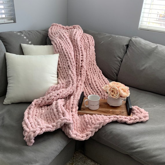 Chunky Knit Blanket/throw Super Soft Chenille Dusty Pink 