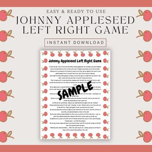 Op de afbeelding: Een afdrukbaar Johnny Appleseed Left Right Game met een voorbeeldwatermerk. De titel van het spel staat in grote, vette letters, met de woorden "Easy & Ready to Use" en "Instant Download" erboven en eronder. Decoratieve appelillustraties omlijsten de tekst.