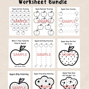 Puede incluir: Un paquete de hojas de trabajo preescolares con temática de manzanas. Las hojas de trabajo incluyen actividades como el trazado de letras, el trazado de números, el trazado de líneas, la práctica de cortar y unir puntos. Cada hoja de trabajo presenta ilustraciones de manzanas y la palabra "SAMPLE".