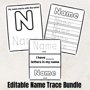 Könnte beinhalten: Drei schwarz-weiße Arbeitsblätter für Kinder. Ein Blatt zeigt den Buchstaben N und den Text My name starts with the letter. Ein weiteres zeigt das Wort Name in gestrichelten Linien zum Nachspuren. Das dritte enthält den Text Trace, I have letters in my name und Color.