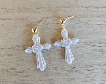Customized Polymer clay cross earrings on white clay