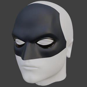 May include: A white mannequin head with a black mask covering the eyes and nose. The mask has a smooth, glossy finish. The head is set against a grey background, creating a stark contrast.