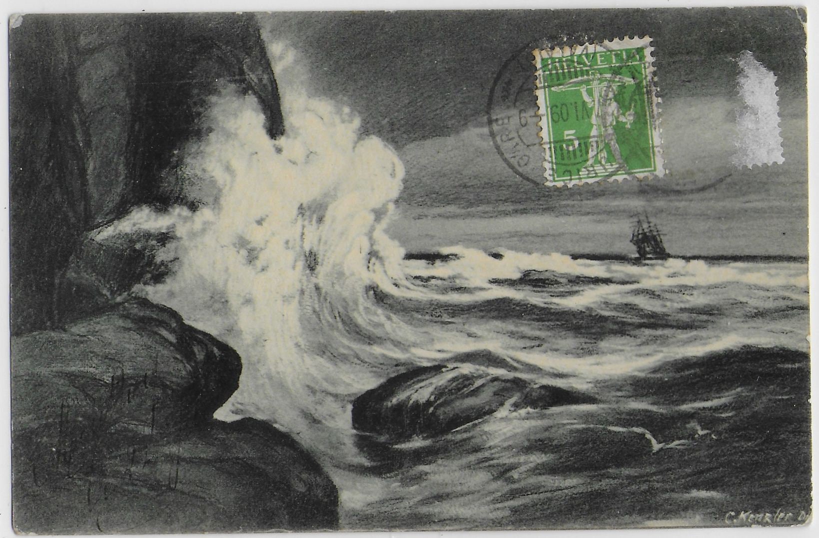 Image of 1909 Rare - Painting Of The Sea By Artist Carl Kenzler Artist Vintage Postcard Sent From Hotel De Simplon, St Maurice, Switzerland