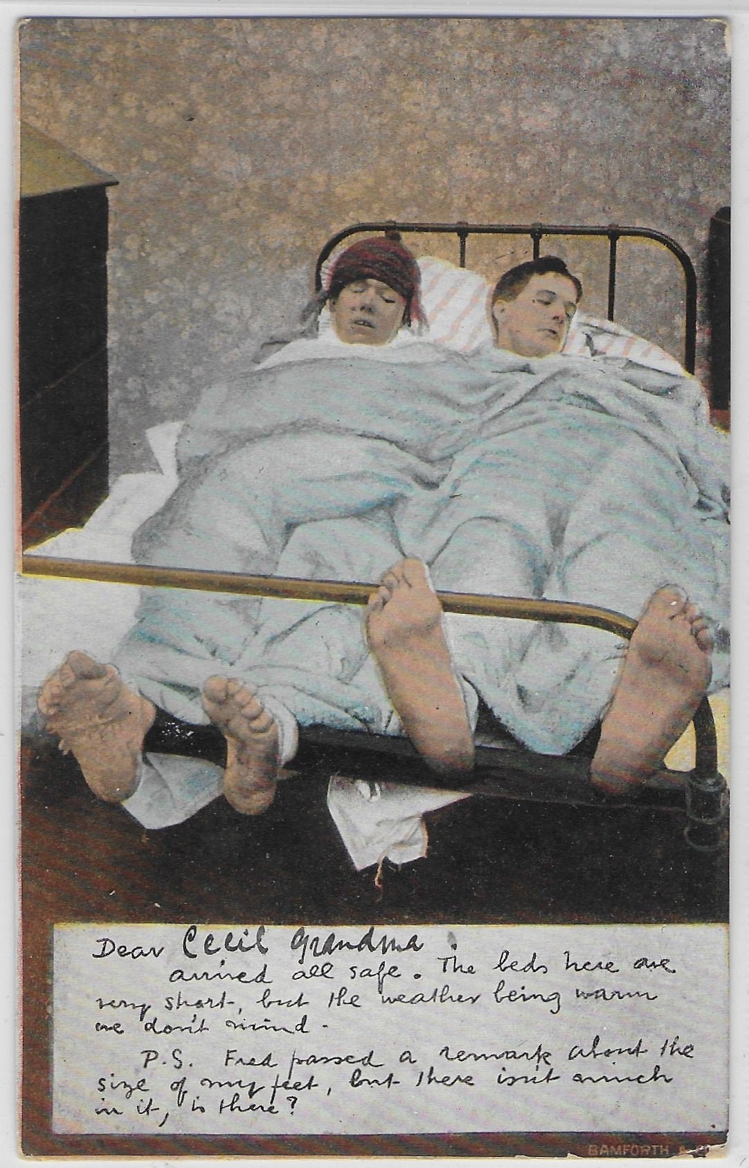 Image of 1907 Two in A Bed Comedy Scene - Big Feet Vintage Comic Postcard By Banforth