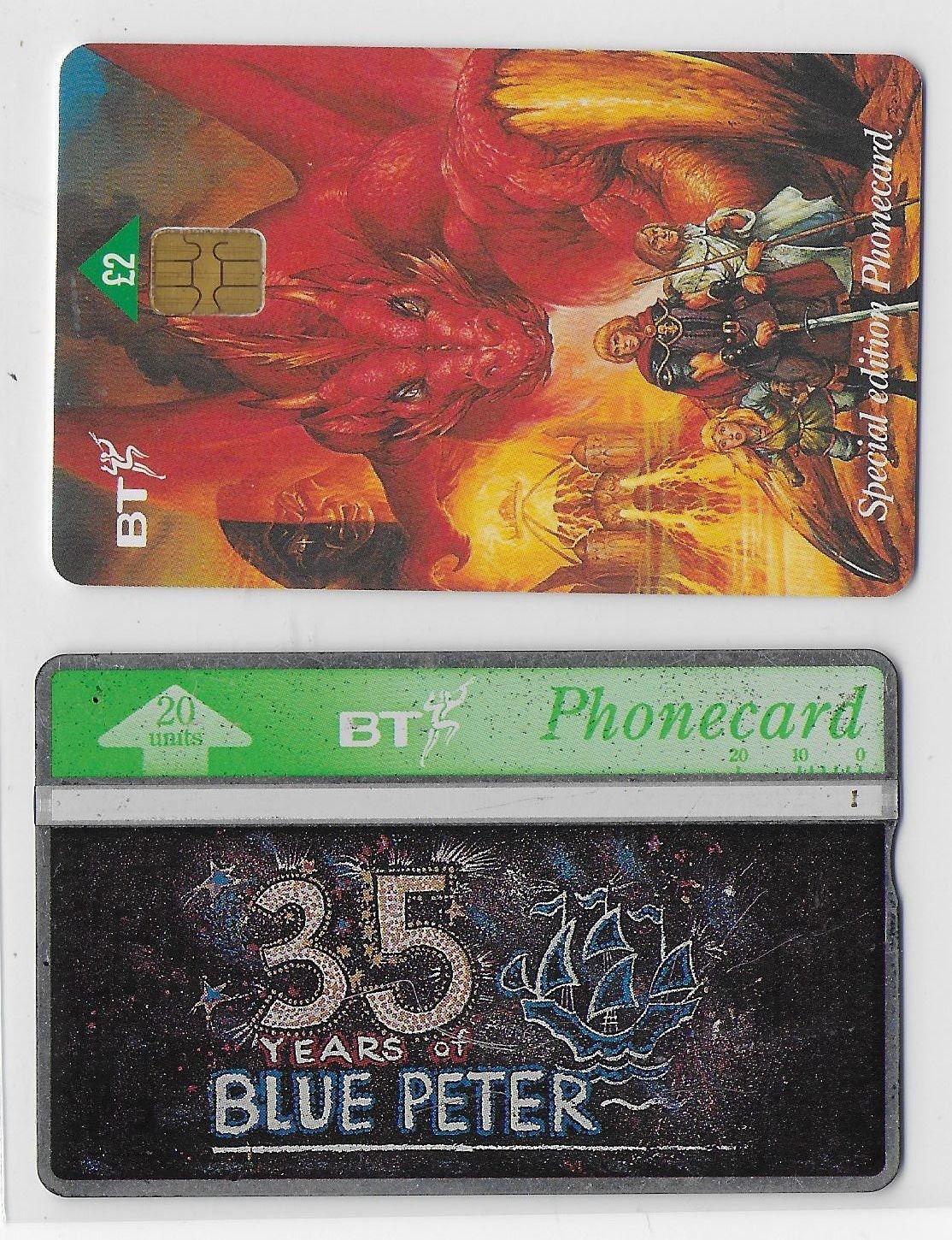 Image of 2 Bt Phonecards; 1 Blue Peter 35 Year | 1993 Anniversary & Dragons Of Summer Flame | 1996