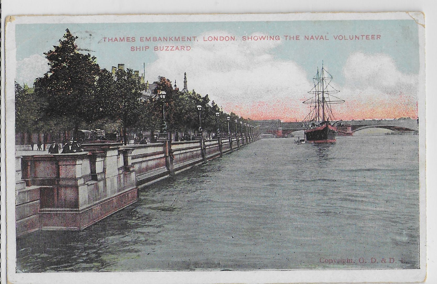 Image of 1907 Naval Volunteer Ship Buzzard On The Thames Embankment, London - Vintage Postcard