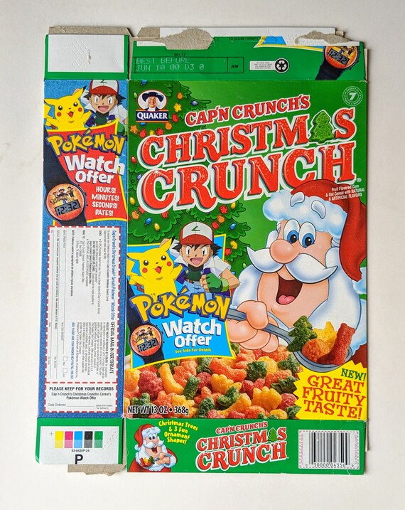 Pokemon Pikachu Captain Crunchs Christmas Crunch Cereal Box Flat 13 Oz 1999 Carbohydrate Energy Orange Pop Vintage