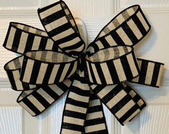 Burlap Wreath Bow, Rustic Bow, Farmhouse Decor, Burlap Bow, Black Beige Stripe Bow, ATouchOfFaithShop