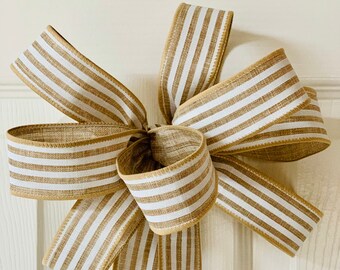 Burlap Wreath Bow, Rustic Bow, Farmhouse Decor, Cabana Stripe Ribbon, Beige Bow for a Wreath, ATouchOfFaithShop