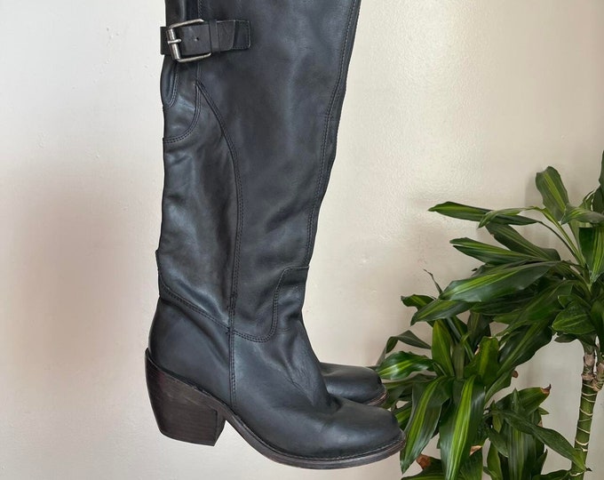 Vintage leather upper knee high round toe boots with side buckles