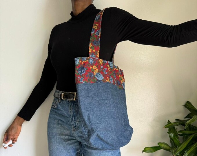 Vintage boho floral tote shoulder bag in faux denim Multicolor