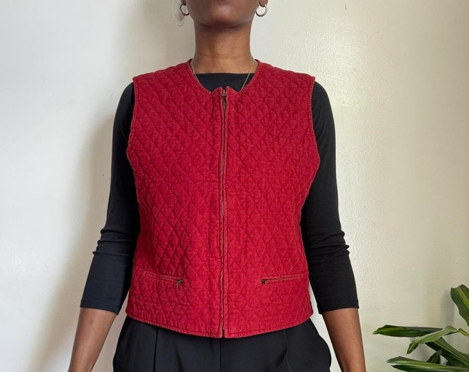 Vintage zip up two front pockets sleeveless corduroy red vest