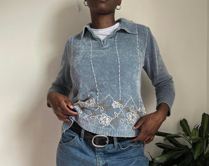 Vintage long sleeve quarter zip pullover knit floral collard sweater