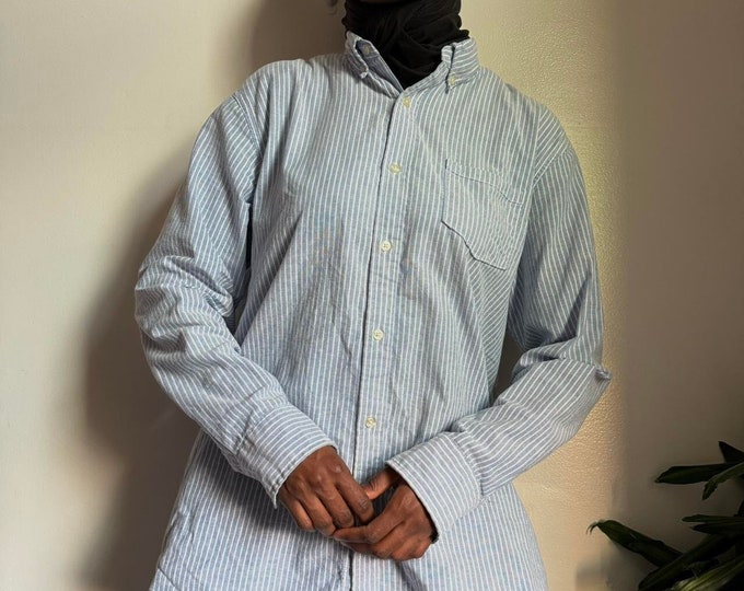 Classic Timeless Buttons up Long Sleeves Blue Striped Shirt