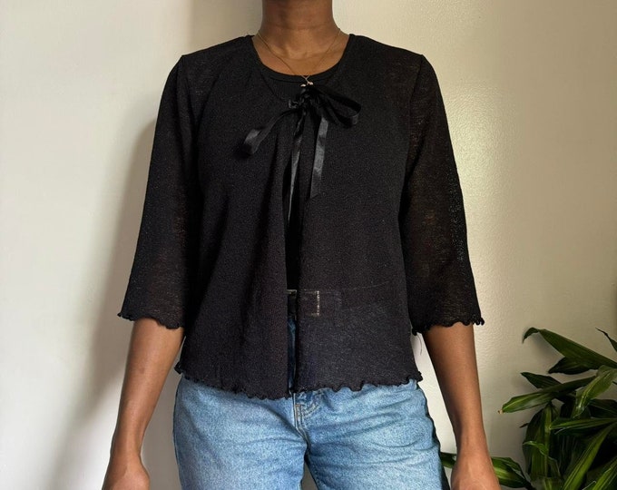 Vintage lightweight Black see through bow shirred top