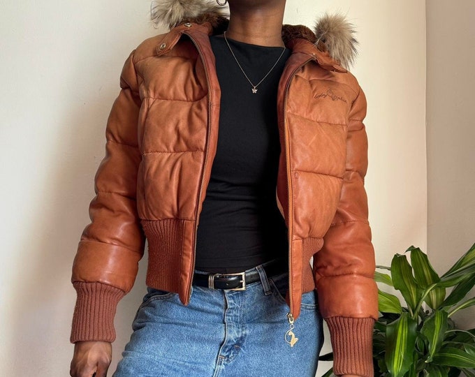 Vintage baby phat puffer leather jacket with fur hood