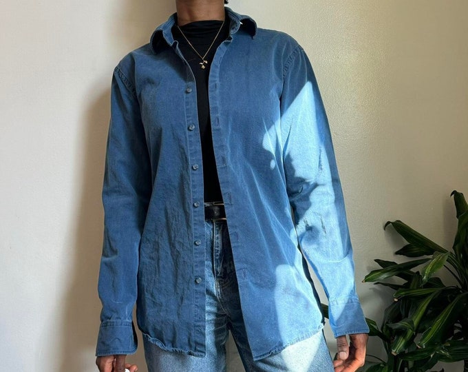 Vintage unisex lightweight faded button down long sleeves navy shirt