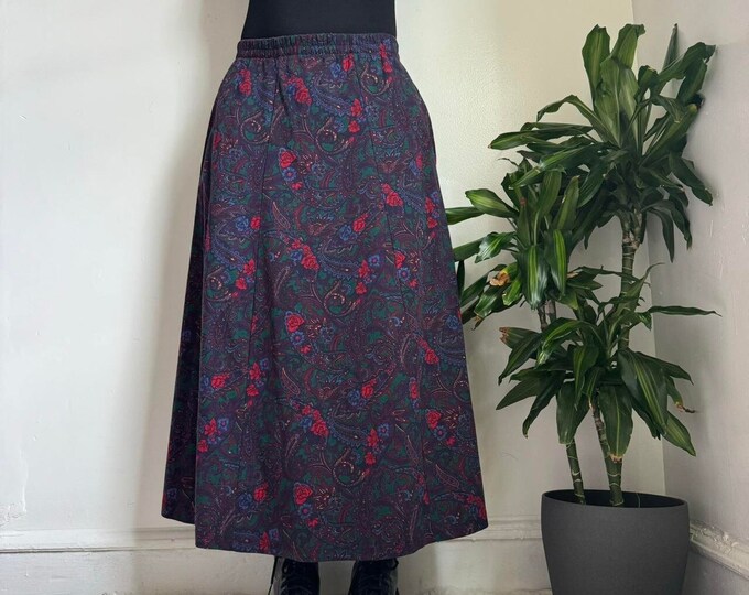 Vintage purple red floral paisley midi skirt