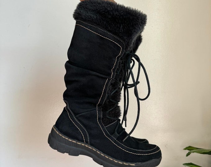 Vintage leather upper suede chunky sole platform black winter boots.