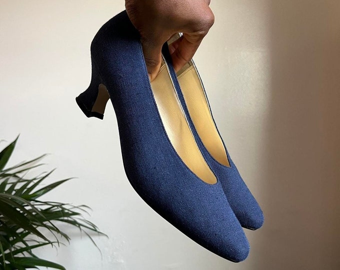Vintage blue bonded leather fabric upper pumps