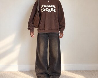 Unisex Lonely Ghost Brown "It's Cool to Care" Oversized Hoodie XL Streetwear