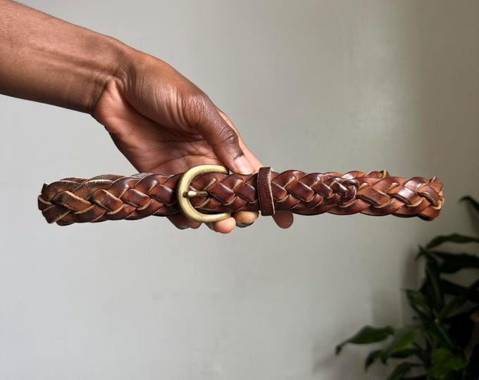 Vintage boho Braided brown minimalist preppy solid brass leather belt Size 40