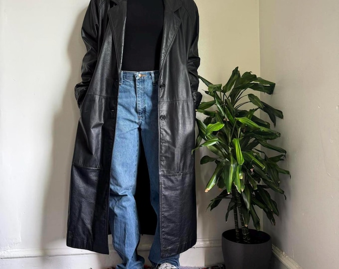 Vintage black trench leather coat streetwear grunge minimalist Size 14T