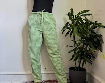 Vintage Green plaid cotton trousers with drawstring waist size L fits like S/M