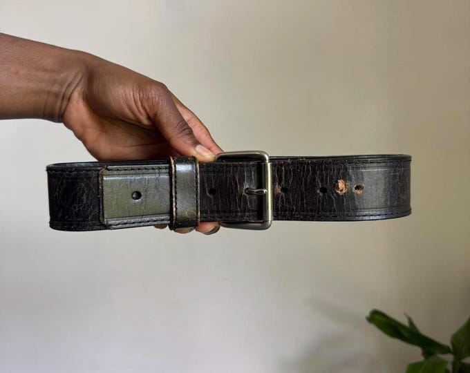 Vintage Unisex grunge distressed Black genuine leather belt size XL