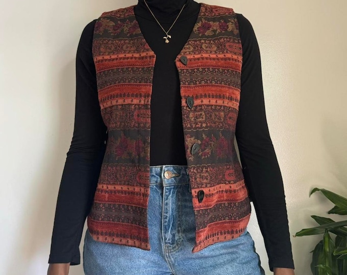 Vintage Indie V-neck button down Floral sleeveless waistcoat vest