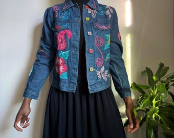 Veste en jean vintage années 90, style bohème, brodée de fleurs, taille M