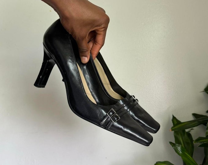 Vintage leather upper pointed square toe top trap heels