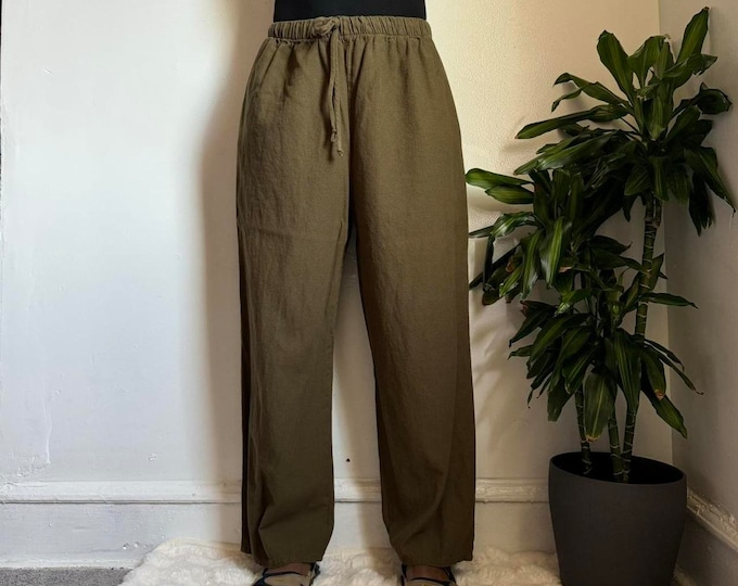 Vintage Mid waist green relaxed fit straight legs linen trousers