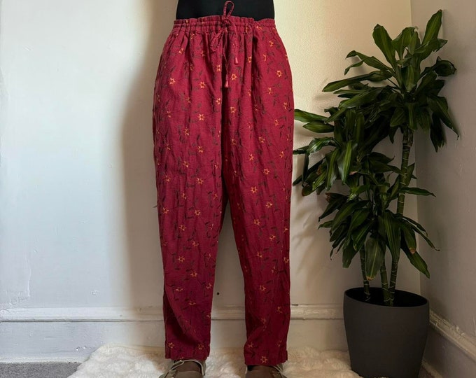 Vintage boho Mid waist floral relaxed fit linen trousers
