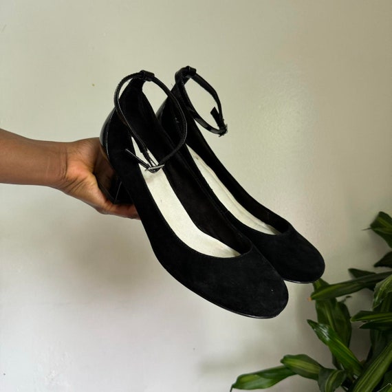 Women black suede ankle-strap block heel pumps Ba… - image 3