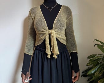 Y2K Open Knit Mesh Shrug Cardigan Tie Front fits like L