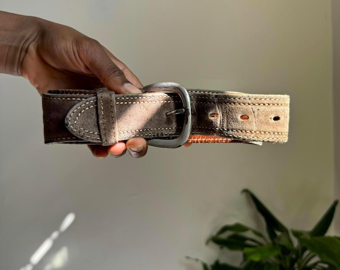 Vintage Brown unisex Faded Embroidered leather western cowboy belt size 34