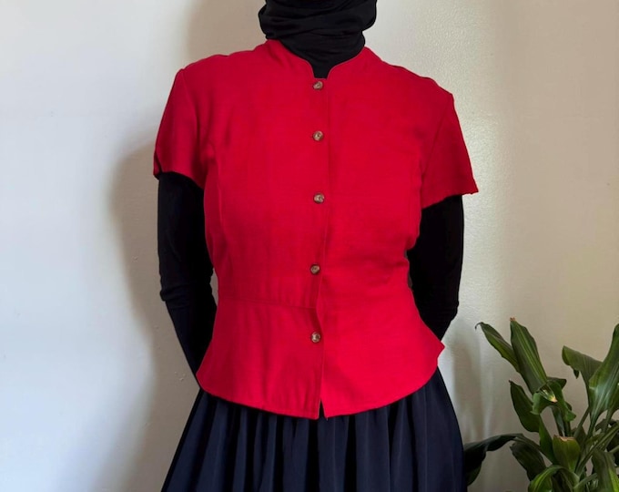 Red collared front button-up top with back waist tied details size 12