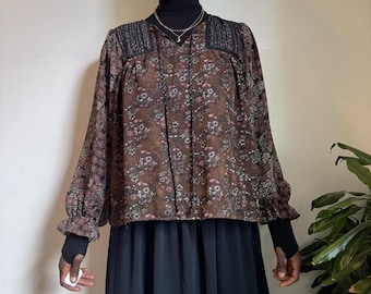 Boho Floral Peasant Ruffle Balloon Sleeve Whimsigoth Blouse L