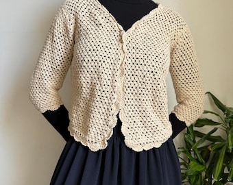 Vintage knit cream cardigan cropped top Earthy fairycore cottagecore L/M