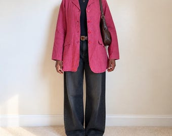 Blazerjasje van 100% linnen in bessenmagenta, maat S (valt als maat L).