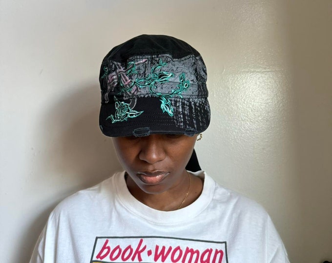 Vintage floral embroidered distressed adjustable military cadet cap